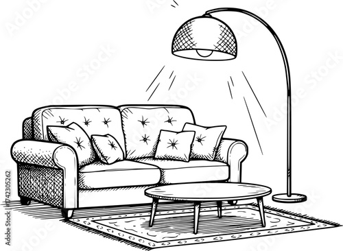 Living room sketch with couch and lamp. Hand-drawn cozy interior vector isolated on white.
