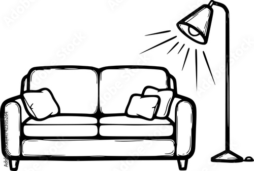 Living room sketch with couch and lamp. Hand-drawn cozy interior vector isolated on white.
