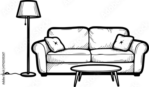 Living room sketch with couch and lamp. Hand-drawn cozy interior vector isolated on white.
