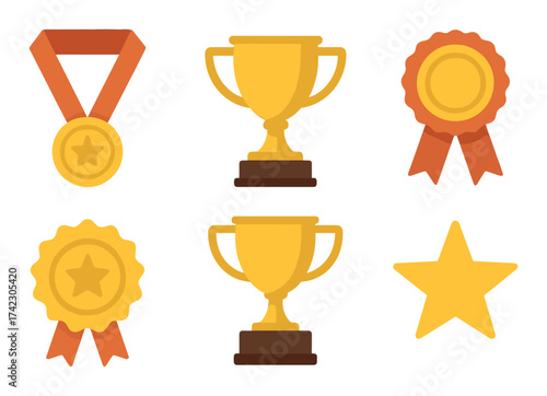 Golden trophies and medals set against a warm background with stars and ribbons