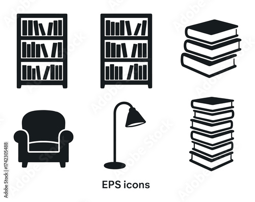 Library essentials: bookshelves, armchair, floor lamp, stacked books, reading icons