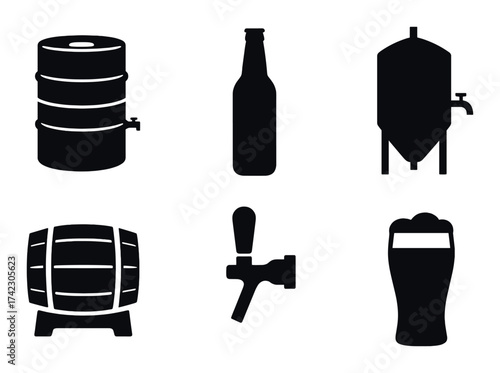 Silhouette icons of beer brewing equipment and glassware in black and gray