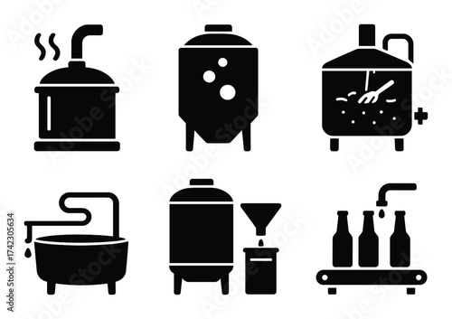 Set of brewing process icons: fermentation, bottling, and equipment