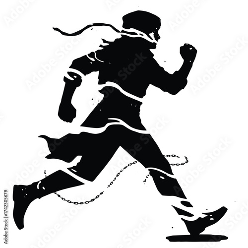 Dramatic Silhouette of a Chained Figure Running in Desperation