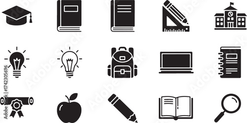Set of Black Glyph Icons Representing Education, Learning, and School Supplies

