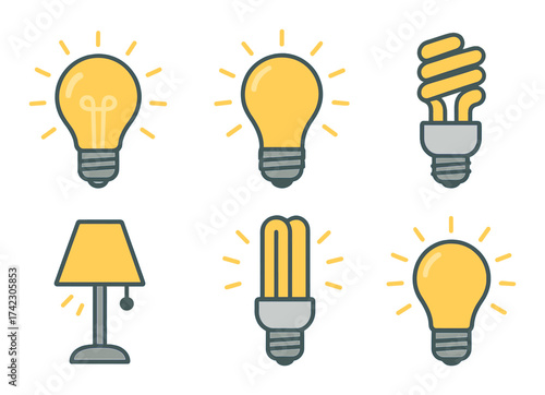Collection of various light bulbs and lamps in flat design illustration