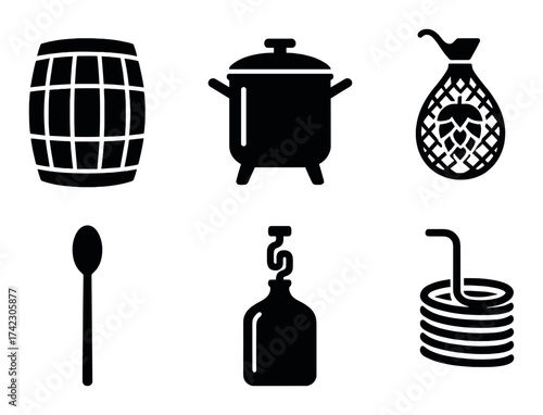 Silhouette icons of brewing equipment: barrel, pot, jug, spoon, bottle, coil