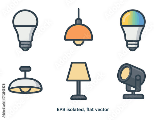 Collection of various light fixtures with modern flat design and minimalist style