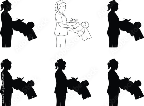 Nurse holding baby, medical care, healthcare worker, pediatric scene, silhouette and line art, nurse cap, clipboard, newborn support, hospital moment, illustration set