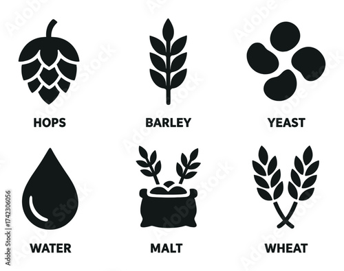 Beer brewing ingredients icons: hops, barley, yeast, water, malt, wheat