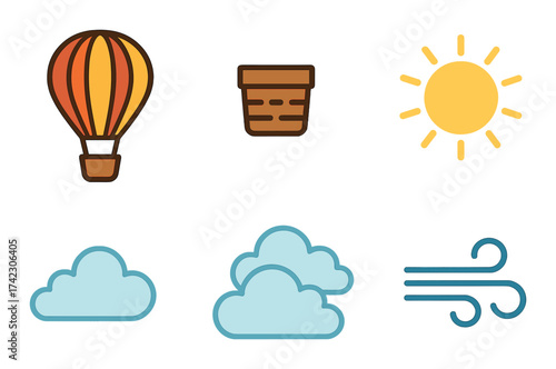 Bright air balloon icons with sunny, cloudy, windy weather elements on gradient background