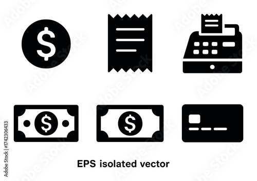 Finance icons: dollar symbols, receipt, cash register, money, credit card silhouettes