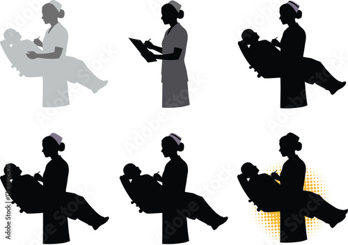 Nurse holding child, medical care, pediatric compassion, hospital scene, silhouette illustration, emotional support, healthcare worker, nurse cap, child safety, caregiving moment