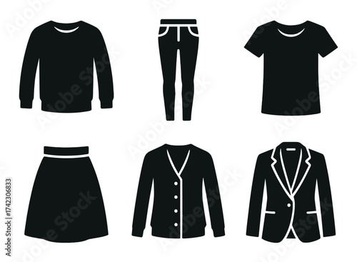 Silhouette collection of casual and formal clothing on neutral background