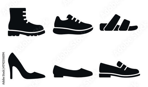Silhouettes of diverse footwear types on gradient background