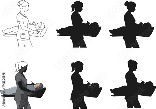 Nurse with baby, medical care, hospital scene, pediatric checkup, silhouette and detailed illustration, healthcare worker, newborn exam, nurse uniform, patient attention, clinical moment