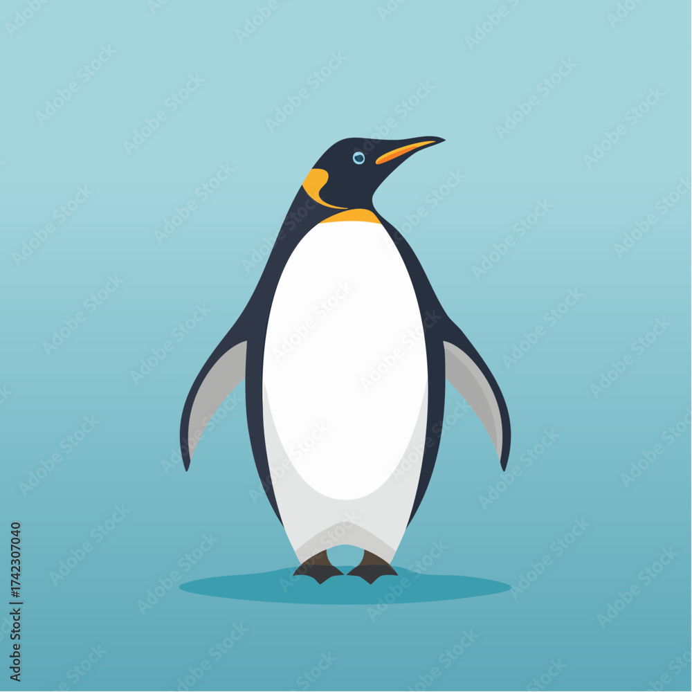 Fototapeta premium An illustrated king penguin on a clear blue background, showcasing a majestic bird with vibrant colours.