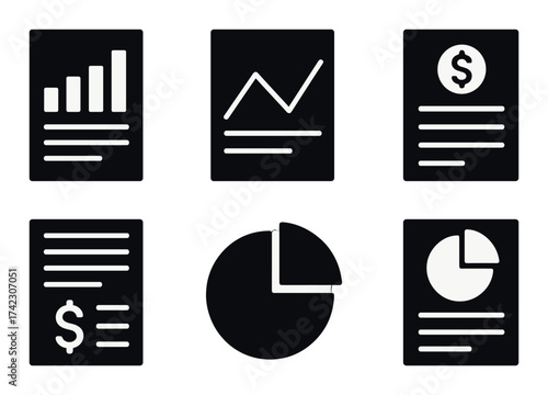 Black and white business icon set with charts and dollar symbols