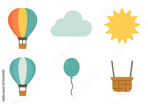 Colorful symbols: hot air balloons sun cloud balloon lantern