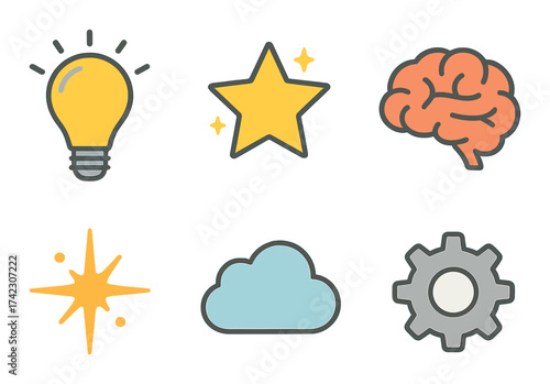 Light bulb, star, brain, spark, cloud, gear icons on gradient background