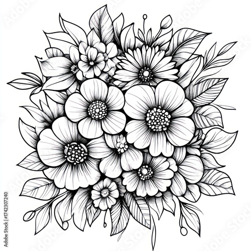 Detailed floral bouquet monochrome illustration, for coloring books, backgrounds, crafts, prints, or design