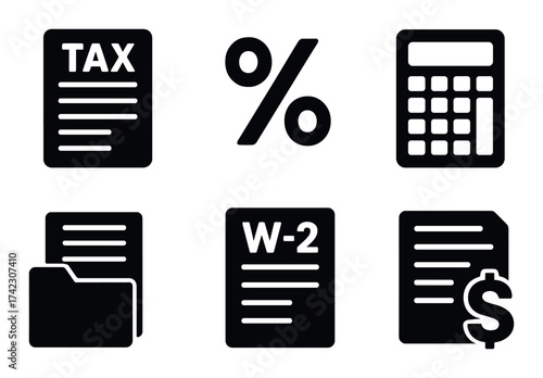 Tax document icons with calculator, percentage sign, w-2, folder, and dollar symbol