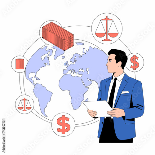 Illustration of a businessman oversees global trade regulations and financial transactions, ensuring compliance and profitability isolated on white background
