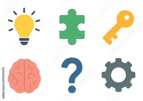 Glowing icons of lightbulb, puzzle, key, brain, question mark, gear on dark background