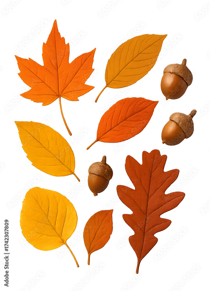 Naklejka premium Vibrant Autumn Leaves and Acorns Collection on Transparent Background