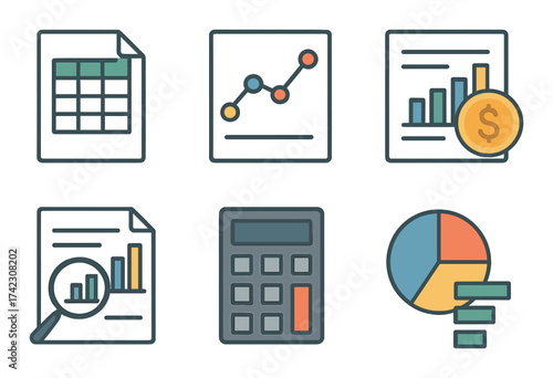 Colorful business icons for data analysis and financial management