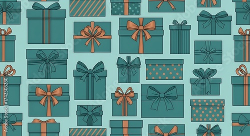 A repeating pattern of teal gift boxes with ribbons