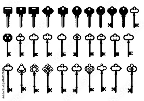 Antique key silhouettes. Medieval and modern keys, black vintage shapes set. Open door symbols, privacy and escape. Abstract tidy vector elements
