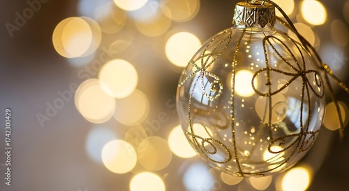 Close up of a clear christmas ornament with bokeh lights