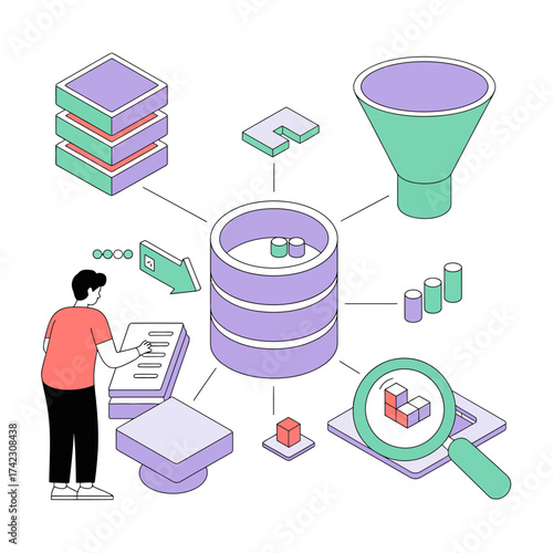 Illustration of a man analyzing data with funnel, magnifying glass, and database isolated on white background data analysis and research concept