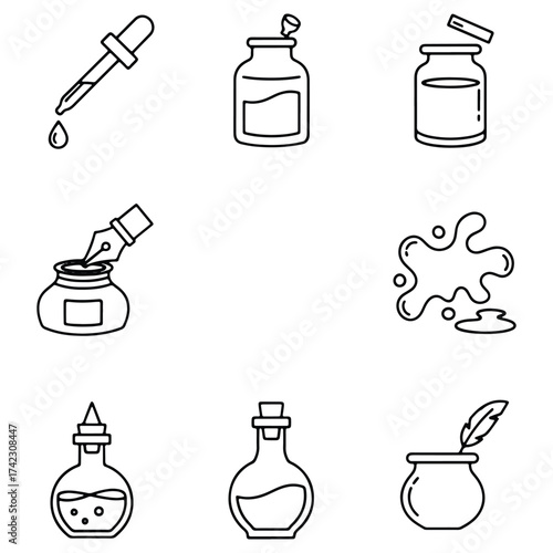 Vector illustration of various potions bottles and writing tools sketch art