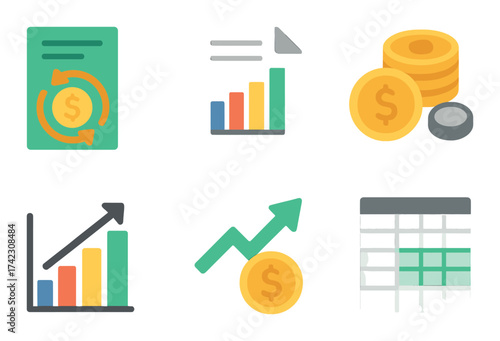 Colorful financial icons illustrating budget, analysis, and investment concepts