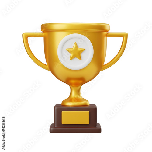 Golden trophy cup with star isolated on transparent background, a symbol of victory and success