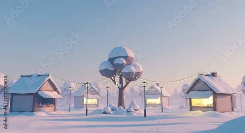 Cozy winter village scene with snow covered houses and a central tree