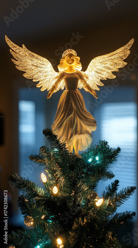 Glowing Christmas angel topper on decorated tree