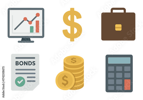 Financial growth icons including graphs, dollar sign, briefcase, bonds, coins, and calculator