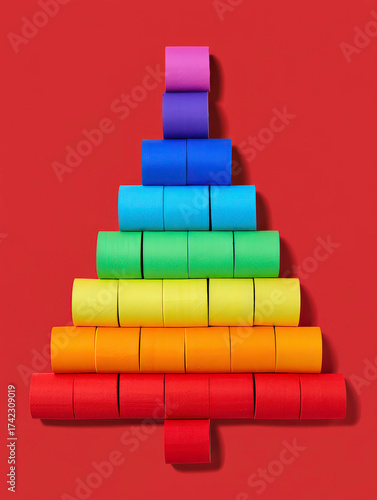 An eco-friendly, minimalist Christmas greeting card concept featuring a tree made of colorful toilet paper rolls, set against a vibrant red background, evoking a festive yet elegant holiday vibe