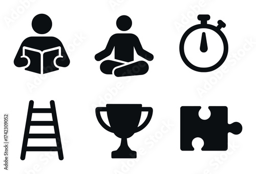 Icons representing reading, meditation, time, ladder, trophy, puzzle on dark background