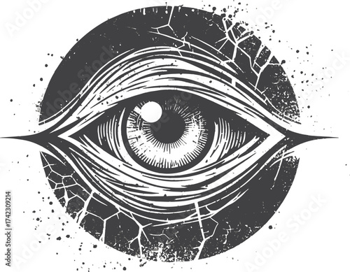 A bold grayscale illustration features a single eye framed by a shattered circular backdrop, conveying vision, perception, and mystery with gritty textures.