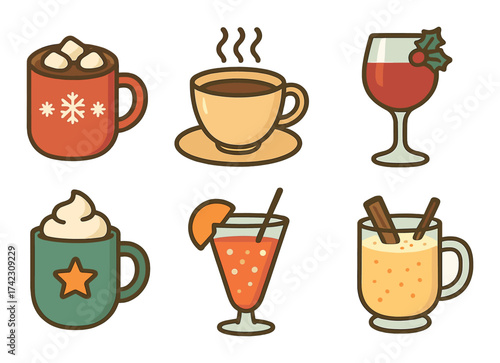 Festive hot and cold beverages: coffee, hot cocoa, wine, mulled cider, and more icons