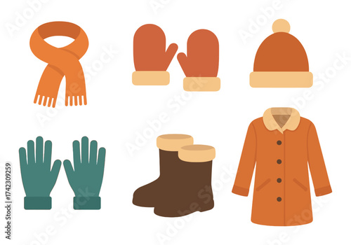 Cozy winter accessories: scarf, mittens, hat, gloves, boots, and coat on warm gradient background