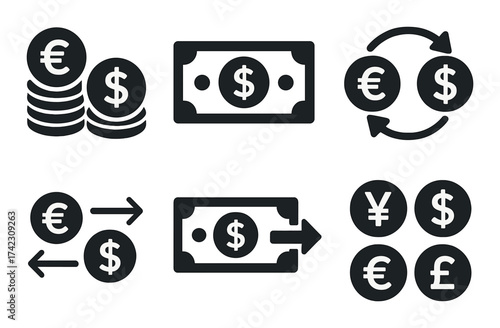 Financial icons: currency exchange and transactions with dollar and euro symbols