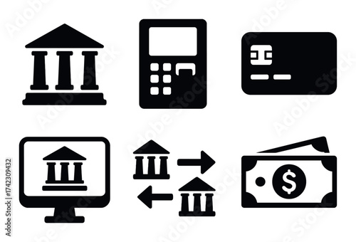 Financial icons set: bank, calculator, credit card, online banking, money transfer