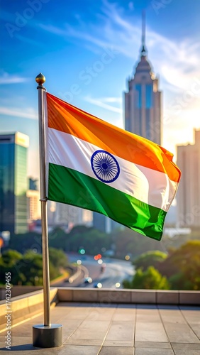 National flag with orange, white, green stripes, blue wheel, waving in breeze