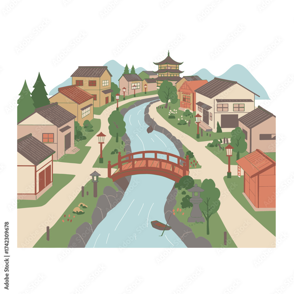 Naklejka premium scenic town with river and traditional buildings overlooking mountains