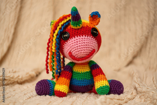 Cute handmade crochet monster unicorn toy, colorful yarn, whimsical design, studio or lifestyle setting